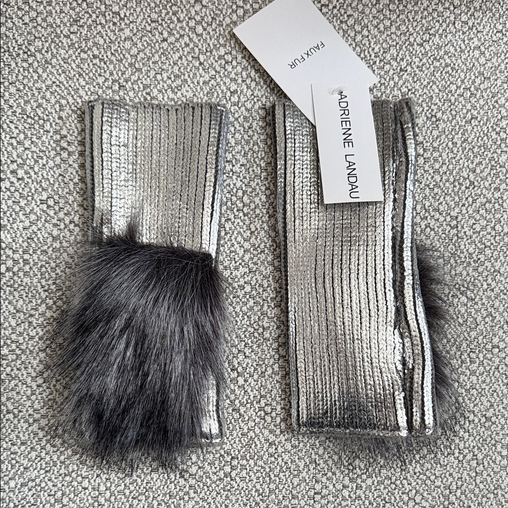 Adrienne Landau Metallic Silver Gloves with Black Fur